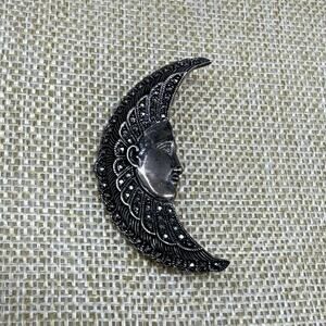 Vintage 925 Sterling Silver Marcasite Crescent Man in Moon Face Celestial Brooch